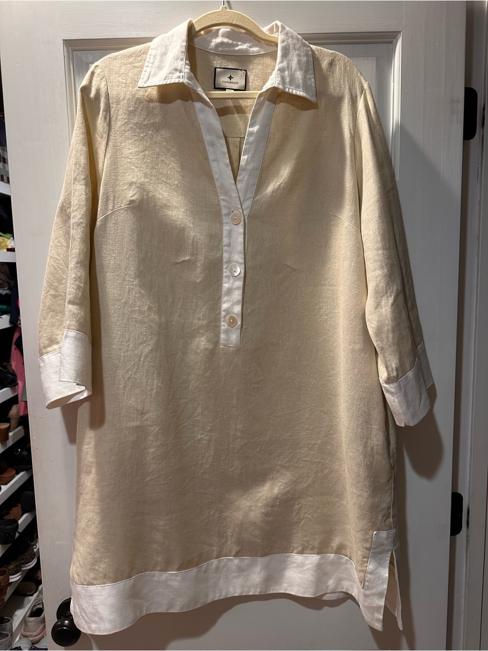 Tuckernuck Collier Linen Tunic Dress Champagne & White – XXL